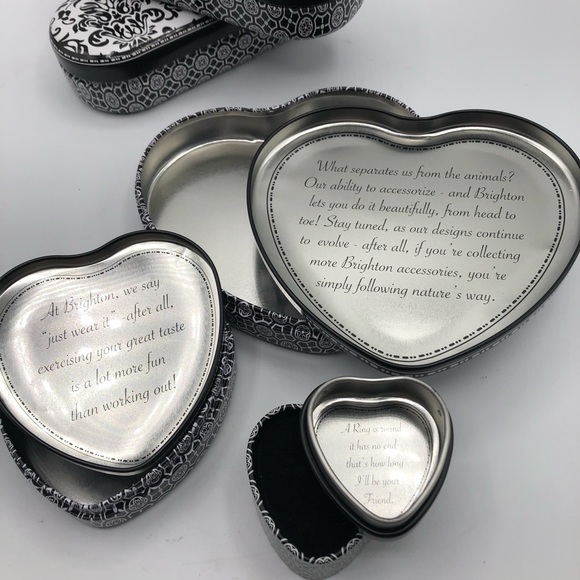 3 Brighton Heart Shaped Tins Keepsake Boxes incl Ring Box Black White - Picture 3 of 5
